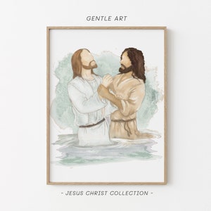Jesus Baptized, John The Baptist, Jesus Watercolor Baptism Of Jesus, LDS Picture Christ, Christian Painting, Holly Spirit, Bible Story, jc61