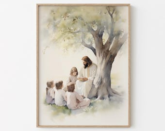 Jesus Teaching Children, Jesus Watercolor, Jesus Portrait, Jesus Painting, Jesus Print, Christian Home Decor, Jesus Printable Wall Art, jc10