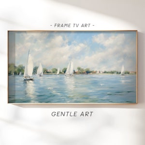 Coastal Sailboat Frame TV Art, Village Sailboat Samsung Frame TV, Summer TV Picture Frame, Seascape Painting, Lake House Decor, tv39