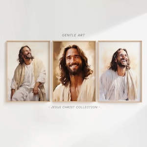 Set of 3 Jesus Picture, Laughing Christ, Christ&#39;s Smile, Jesus Portrait, Jesus Picture, Jesus Art, Jesus Watercolor, Jesus Face, jcs6