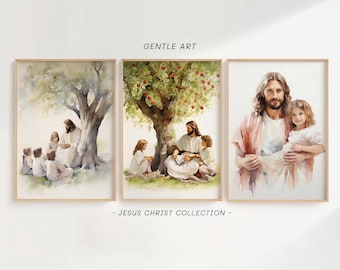 Set of 3 Jesus Teaching Children, Jesus Watercolor, Jesus Portrait, Jesus Painting, Jesus Print Collection, Jesus Printable Wall Art, jcs2