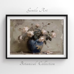 Flower Painting, Vintage Botanical Still Life Print, Rustic European, Antique French Oil Paint, Digital Print, Vintage Roses Country Art