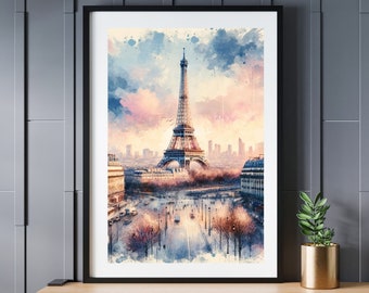 Eiffel Tower Paris Art Print - Eiffel Tower Drawing, Watercolor Painting - Printable Wall Art for Travelers