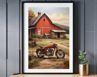 Classic Motorcycle by Rustic Red Barn Digital Print, Vintage Farmhouse Countryside Art, Retro Bike and Barn Wall Decor, Americana Landscape