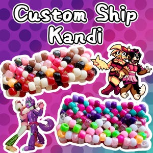 May include: Two wide beaded bracelets made of colorful plastic pony beads. One bracelet features a mix of red, white, black, and pink beads. The other features neon green, pink, purple, and white beads. Includes cartoon character illustrations and the text Custom Ship Kandi.