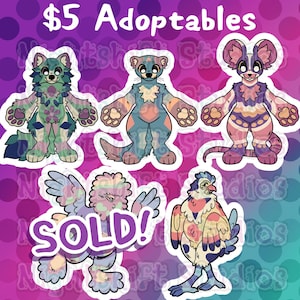 Harige personages om te adopteren: Tanuki, Otter, Muis, Kip