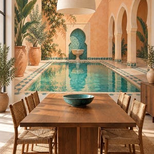 Moroccan Courtyard Wallpaper Mural, Apricot Riad with Turquoise Pool, Painted Architectural Wall Art for Living Room and Bedroom