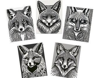 Fox greeting card in linocut optic - set of 5 cards with different motifs.