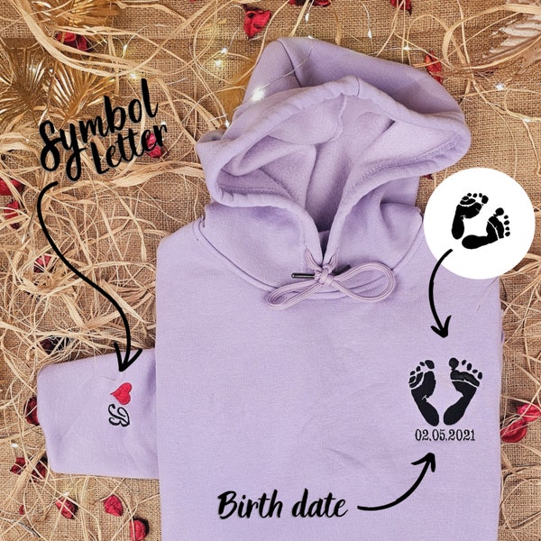 Custom Baby Footprint Embroidered Sweatshirt,Custom Baby Footprint Hoodie, Personalized Baby Footprint and Baby Birth Date Sweatshirt,Custom