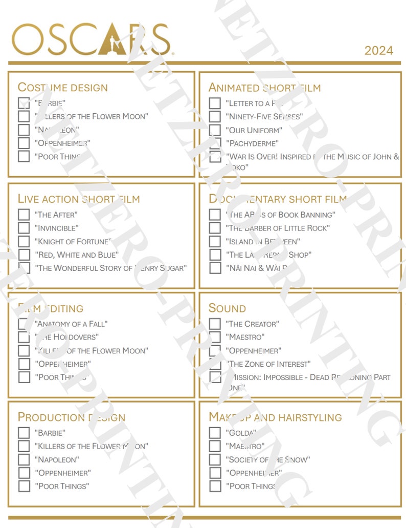 Oscars 2024 96th Academy Awards, Party Game, Downloadable Printable