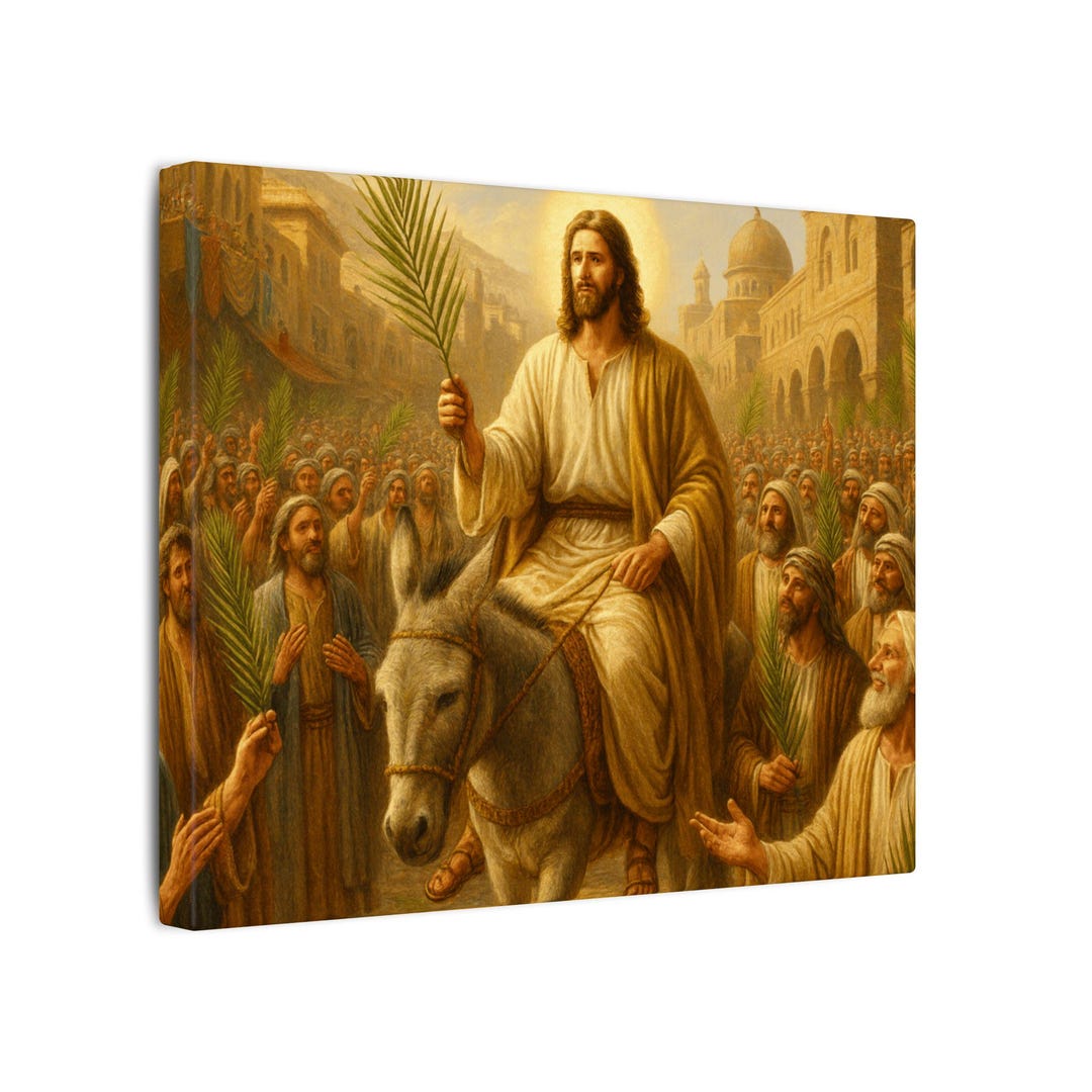 Palm Sunday Canvas Print: Jesus on Donkey, Christian Art