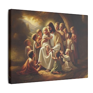 Jesus with the Little Children Canvas | Christian Wall Art | Bible Story Art | Religious Home Decor