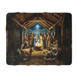 May include: A painting depicting the Nativity scene with a star shining above a manger where a baby lies.  The manger is surrounded by a cow, a donkey, and several people, including Mary, Joseph, and shepherds.