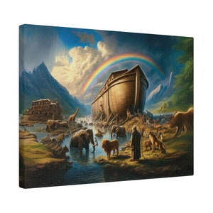 May include: A painting depicting Noah's Ark with a rainbow in the sky. The ark is filled with animals, including elephants, lions, and giraffes. A man in a brown robe stands near the ark.