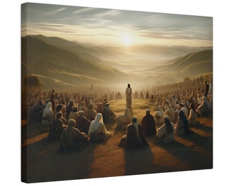 May include: A man in white robes stands on a hilltop, addressing a large crowd of people gathered below. The scene is bathed in the warm light of a sunrise, with rolling hills in the background.