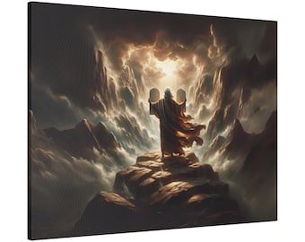 May include: A painting depicting a man in a long robe holding two stone tablets with writing on them. He is standing on a rocky path leading up to a bright light in the clouds. The background is a dark, stormy sky with mountains in the distance.