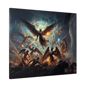 Op de afbeelding: Een dramatische, fantasievolle illustratie die een ge Flügelde engel met een halo voorstelt, die een zwaard zwaait, omringd door andere engelen en demonen in een gevechtsscène. De engel is omgeven door een helder licht, terwijl de demonen gehuld zijn in duisternis.