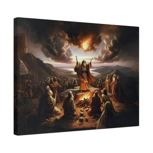 Matte canvasafdruk profeet Elia op de berg Karmel, christelijk kunstwerk uit bijbelverhalen| Snelle verzending