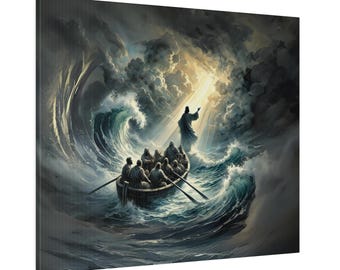 May include: A painting depicting a group of people in a small boat on a stormy sea. A figure of Jesus Christ stands on the water, reaching out to the people in the boat. The sky is dark and stormy, but there is a bright light shining down from above.