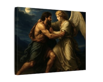 May include: A canvas print of a classical painting depicting a muscular man wrestling with an angel. The man is clad in a draped garment, while the angel wears a flowing robe and has large white wings. The background features a moonlit sky and dark mountains.
