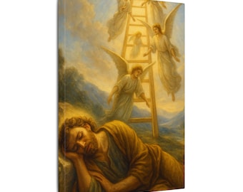 May include: A canvas print depicts a biblical scene of a man sleeping, with angels ascending and descending a ladder towards the sky. The artwork features warm tones of gold, brown, and blue, creating a serene and spiritual atmosphere.