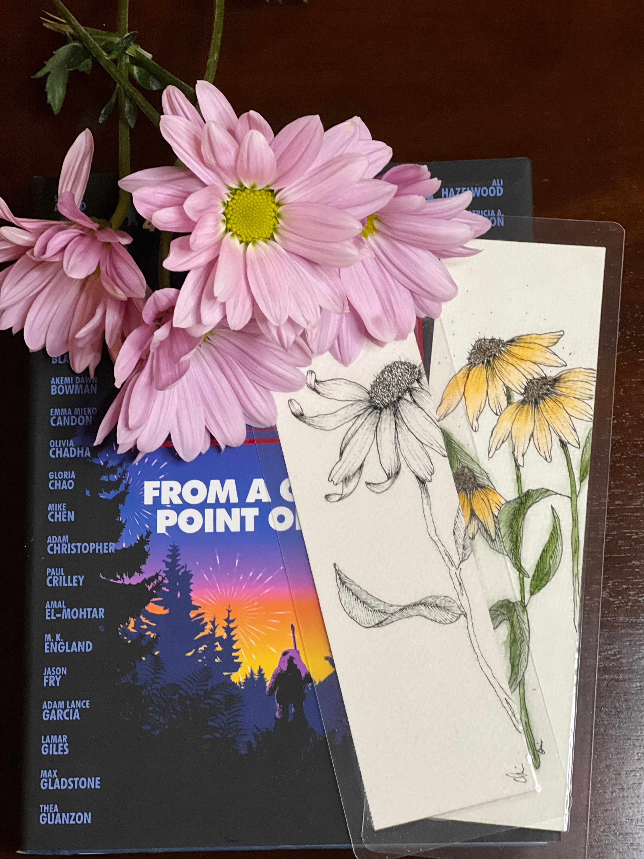 Hand made Bookmarks/fine Line Drawing Daisy Designs/ Watercolor Floral
