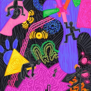 May include: Abstract digital art with a vibrant color palette. The artwork features silhouetted figures in dynamic poses, alongside geometric shapes, musical notes, and stylized elements. The background is a mix of purple, pink, green, and yellow.