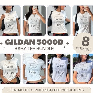 May include: A set of eight mockups featuring a white baby tee shirt worn by a model in various poses. The shirt has the text "Your Design Here" printed on the front. The mockups are ideal for showcasing designs for t-shirts.