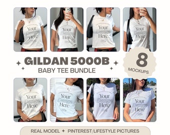 Pacote de Mockups da Camiseta Gildan 5000B Branca, Pacote de Mockups de Camisetas Infantis, Mockup de Camiseta Infantil Estilo Anos 90, Mockup de Modelo Real, Mockup de Camiseta Infantil Y2K