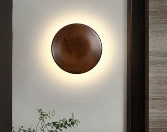 Walnut Wooden Round Wall Sconces, Round Bedroom Wall Lamp, Bedside Wood Wall Light, Hotel Wood LED Wall Lamp