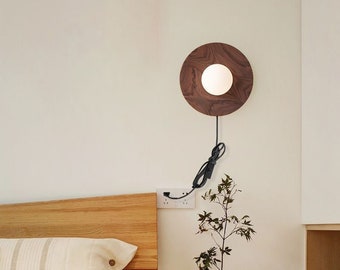 Plug In Walnut Round Wall Sconces, Wooden Bedroom Wall Lamp With Plug, Bedside Wood Wall Light, Hotel Wood LED Wall Lamp