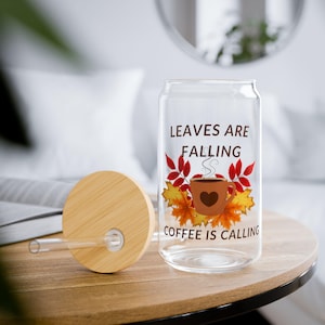 Autumn Leaves Glass Tumbler with Straw – Fall Sipper Cup for Coffee, 16 oz, Cozy Gift