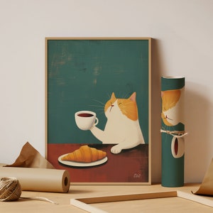 Cartel de café y croissant para gatos, arte de pared de estilo japonés, decoración del hogar, obras de arte para gatos, regalo divertido para mamá gata, impresión para amantes de los gatos