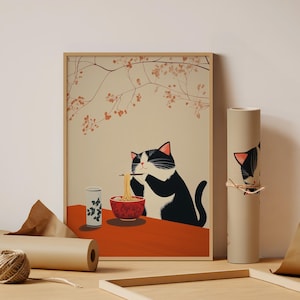 Tuxedo Ramen Cat Poster, niedliches japanisches Kunstgeschenk für Katzenliebhaber, entzückende Wanddekoration für jeden Raum