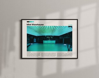 May include: A framed poster featuring the interior of the Mint Warehouse in Leeds. The venue has a teal and green color scheme, with a grid of lights on the ceiling. The poster includes the text "Mint Warehouse" and "Leeds".