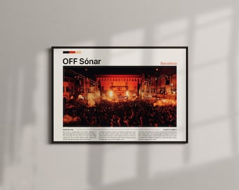 May include: Framed poster with the text "OFF Sónar Barcelona" at the top. The image shows a large crowd at a concert venue, with bright stage lights and a red-orange glow. The poster has a black frame.