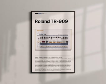 May include: A framed poster featuring the text "Roland TR-909" in bold black letters. Below the text is an image of a vintage drum machine with numerous buttons and knobs. The poster is in a black frame and hangs on a white wall.
