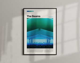 May include: Framed poster featuring the text "The Beams London" above a teal and blue image of a concert venue. The image has a white border and is set against a light gray wall.