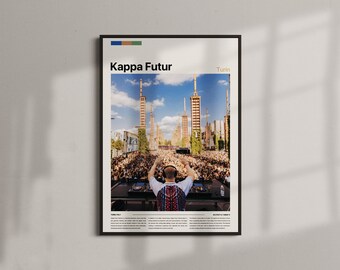 May include: A framed poster with the text "Kappa Futur Turin" above a photograph of a large outdoor music event. The image features a DJ with raised arms, facing a crowd in front of tall buildings under a blue sky.