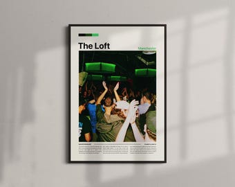 May include: A framed poster with the text "The Loft Manchester" in black and green. The image inside the frame shows a crowd of people with their hands raised, illuminated by green lights. The poster is displayed on a white wall.