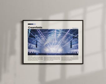 May include: Framed poster featuring the text "Creamfields" and a vibrant image of a concert venue with bright lights. The image is set against a white background, with a shadow cast on the wall.