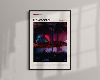 May include: Framed poster with the word "Dekmantel" at the top, and "Amstelveen" in red. The image shows a concert with a red and blue light display. The bottom of the poster has text in a small font.