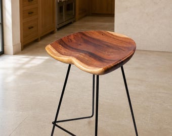 Macaire 26-Inch Solid Walnut Counter Stool, Wood Seat with Black Metal Legs