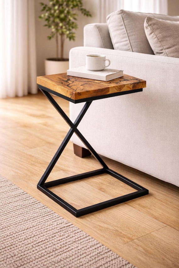 Vella Solid Teak Rectangular Side Table, Rustic Wood End Table, Small Nightstand or Accent Table with Metal Legs
