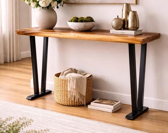 Mesa consola de madera de nogal hecha a mano: Recibidor moderno con patas de metal.