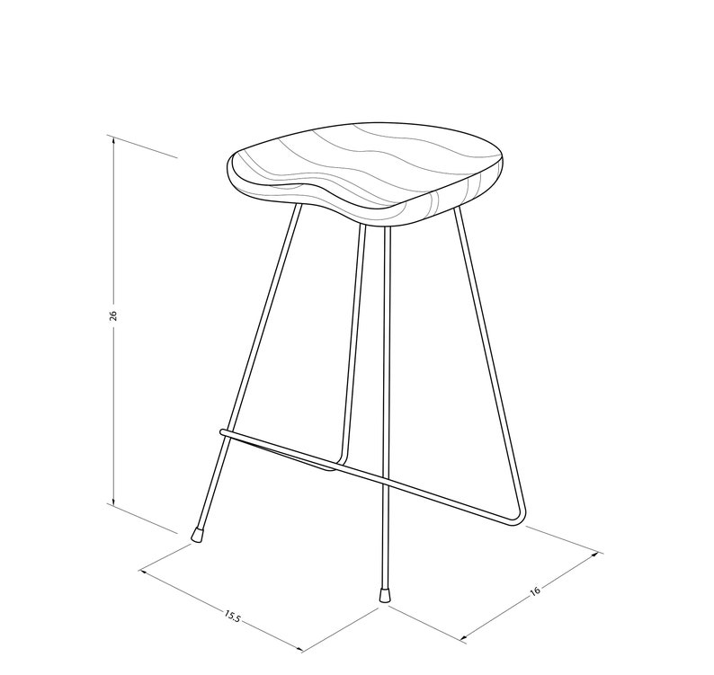 Puede incluir: Dibujo lineal de un taburete de bar con asiento de madera y patas met&aacute;licas. El asiento mide 40,6 cm de ancho y 39,4 cm de profundidad, y el taburete mide 66 cm de alto.