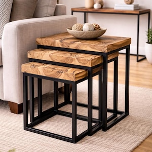 Bijzettafeltjes massief teakhout - Lichtenberg Fractal Burning Design Set