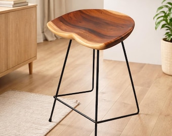 Macaire 26 Inch Solid Walnut Counter Stool, Wood Bar Chair, Rustic Industrial Kitchen Island Seating, Farmhouse Stool