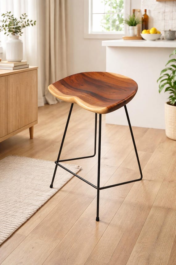Macaire 26 Inch Solid Walnut Counter Stool, Wood Bar Chair, Rustic Industrial Kitchen Island Seating, Farmhouse Stool