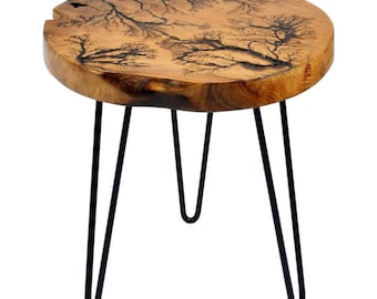 Vella Solid Teak Wood Round Side Table - Tree Burn Design End Table